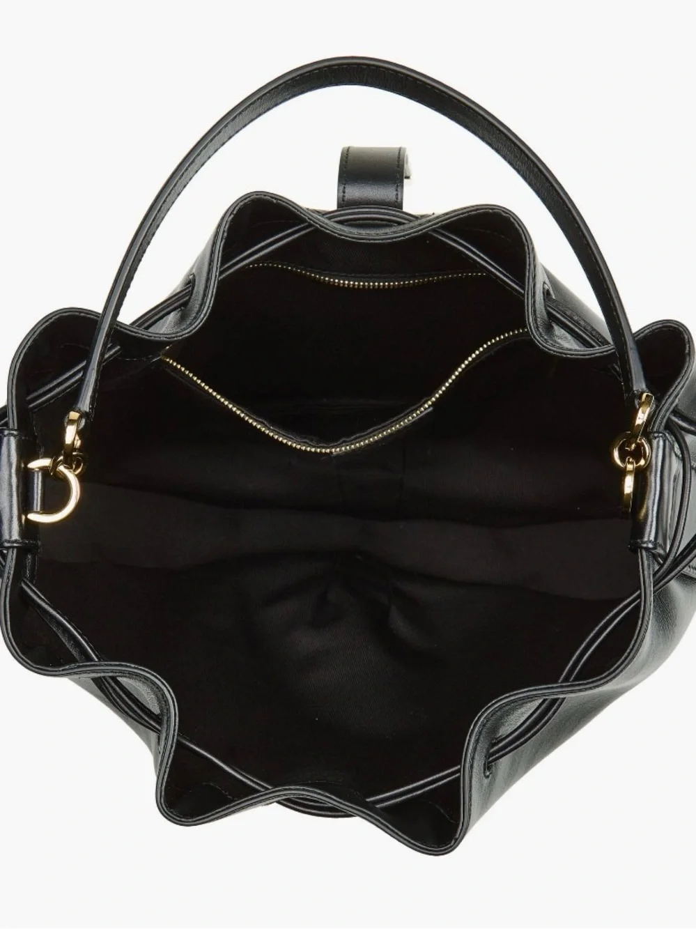 Black Leather Hug Bucket Tote Bag with Gold Hardware